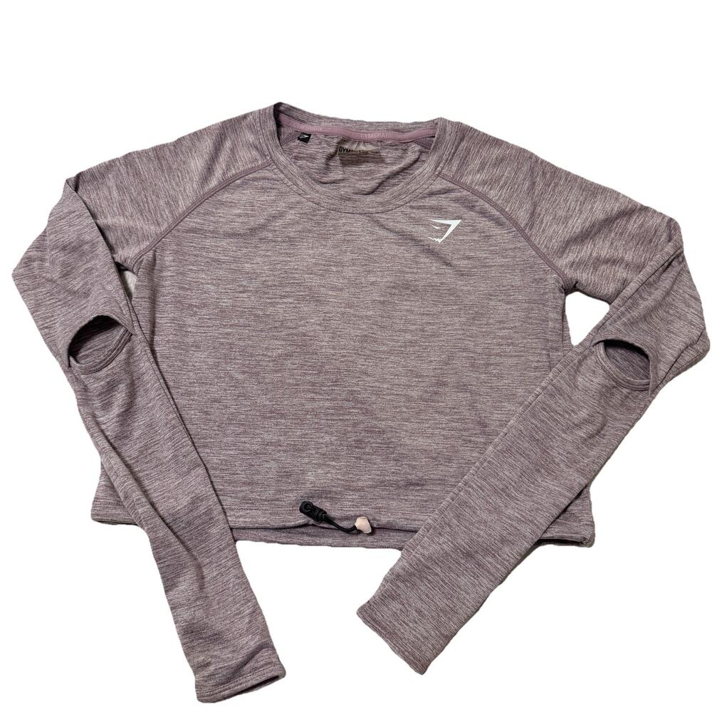 Gymshark Cropped Long Sleeve Top XS Pink Marl Thumbholes Adjustable Hem Athletic